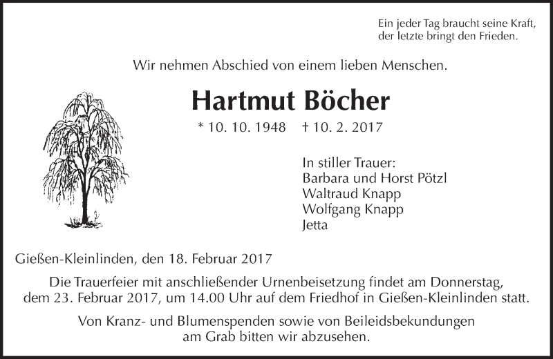  Traueranzeige für Hartmut Böcher vom 18.02.2017 aus  Gießener Anzeiger