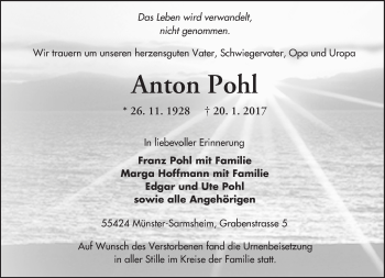 Traueranzeige von Anton Pohl von Trauerportal Rhein Main Presse