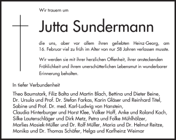 Traueranzeige von Jutta Sundermann von Trauerportal Rhein Main Presse