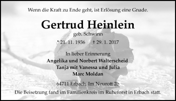 Traueranzeige von Gertrud Heinlein von Trauerportal Echo Online