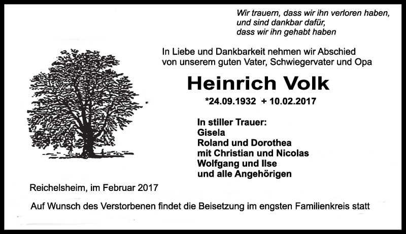  Traueranzeige für Heinrich Volk vom 18.02.2017 aus Trauerportal Echo Online