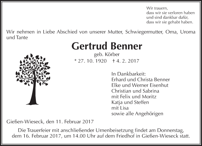  Traueranzeige für Gertrud Benner vom 11.02.2017 aus  Gießener Anzeiger