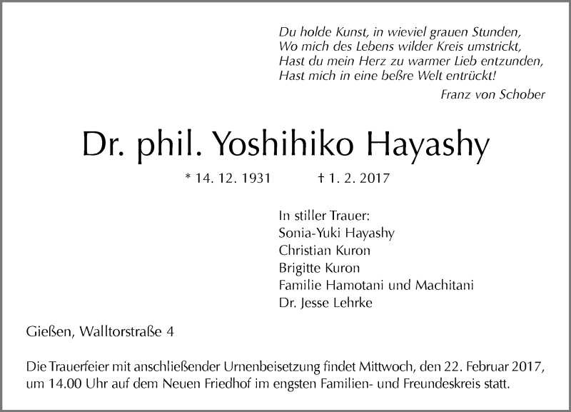  Traueranzeige für Yoshihiko Hayashy vom 18.02.2017 aus  Gießener Anzeiger