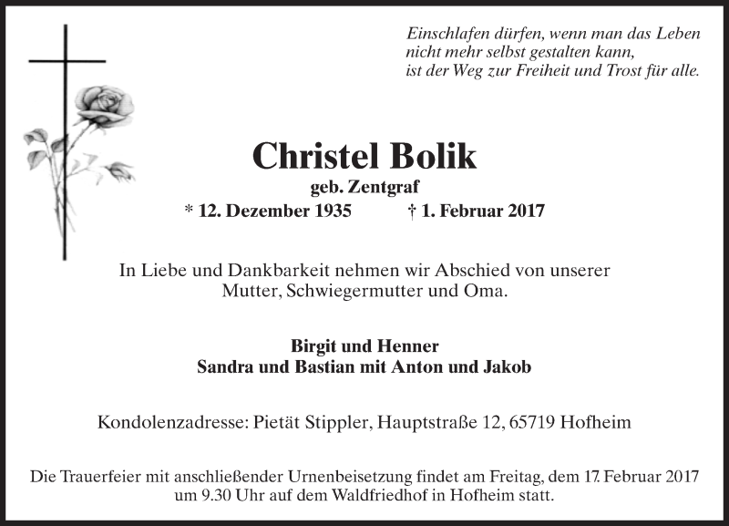 Traueranzeige für Christel Bolik vom 10.02.2017 aus Trauerportal Rhein Main Presse