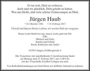 Traueranzeige von Jürgen Haub von  Usinger Anzeiger