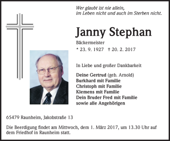 Traueranzeige von Janny Stephan von Trauerportal Rhein Main Presse