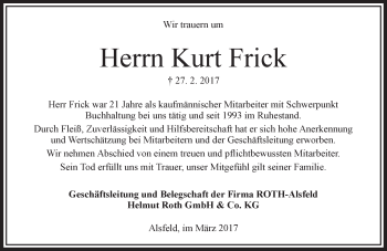 Traueranzeige von Kurt Frick von VRM Trauer