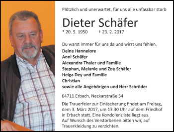 Traueranzeige von Dieter Schäfer von Trauerportal Echo Online