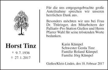 Traueranzeige von Horst Tinz von  Gießener Anzeiger