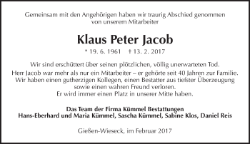 Traueranzeige von Klaus Peter Jacob von  Gießener Anzeiger