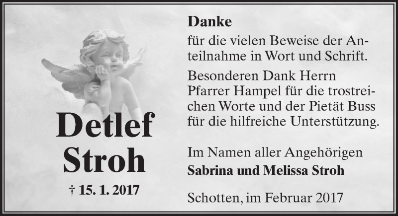  Traueranzeige für Detlef Stroh vom 11.02.2017 aus  Kreisanzeiger