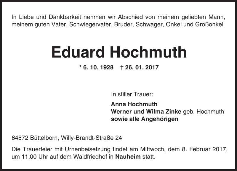  Traueranzeige für Eduard Hochmuth vom 01.02.2017 aus Trauerportal Echo Online