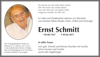 Traueranzeige von Ernst Schmitt von  Gelnhäuser Tageblatt