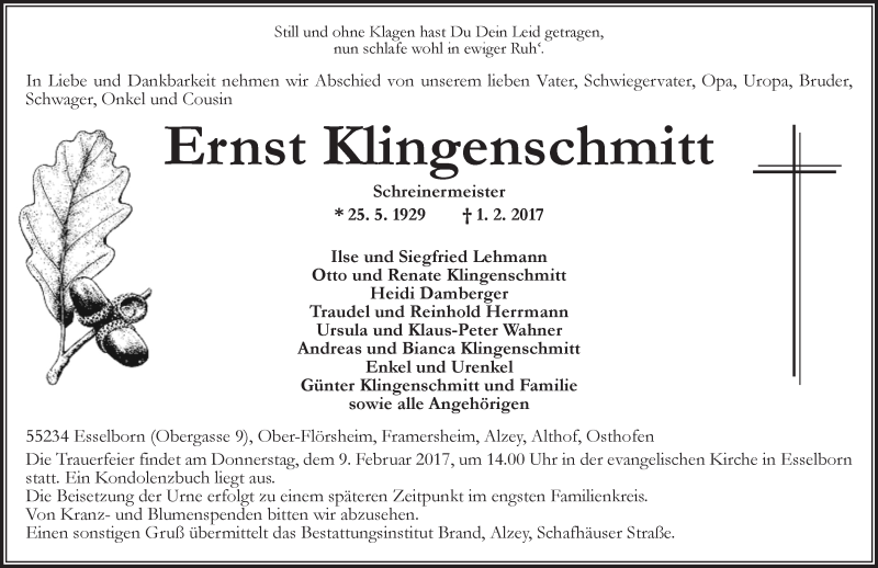  Traueranzeige für Ernst Klingenschmitt vom 04.02.2017 aus Trauerportal Rhein Main Presse