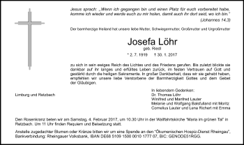 Traueranzeige von Josefa Löhr von Trauerportal Rhein Main Presse