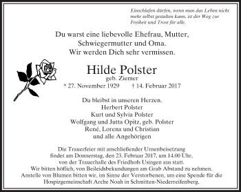 Traueranzeige von Hilde Polster von  Usinger Anzeiger