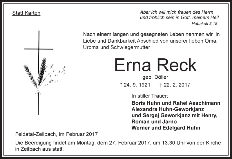  Traueranzeige für Erna Reck vom 25.02.2017 aus VRM Trauer