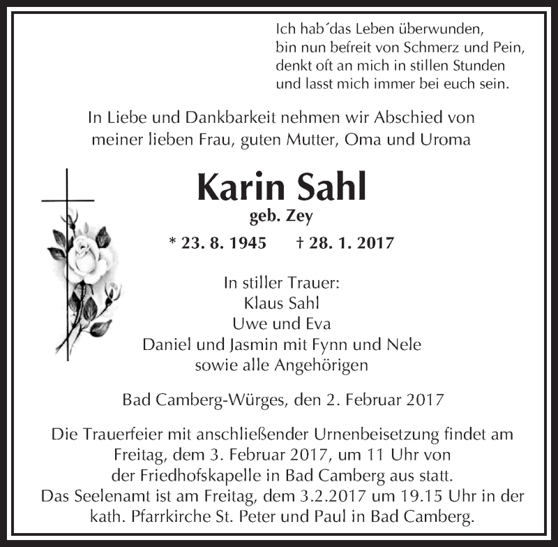  Traueranzeige für Karin Sahl vom 02.02.2017 aus  Camberger Anzeiger