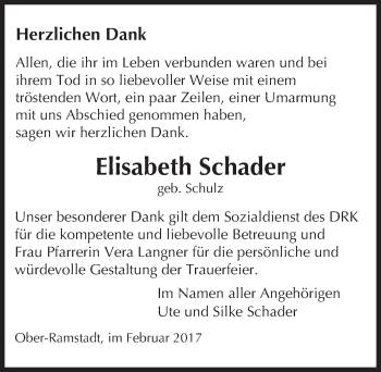 Traueranzeige von Elisabeth Schader von Trauerportal Echo Online