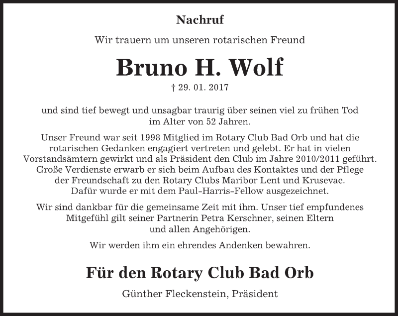  Traueranzeige für Bruno Wolf vom 11.02.2017 aus  Gelnhäuser Tageblatt