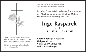 Traueranzeige von Inge Kasparek von Trauerportal Echo Online