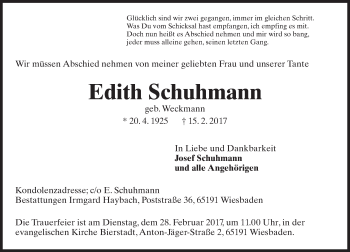 Traueranzeige von Edith Schuhmann von Trauerportal Rhein Main Presse