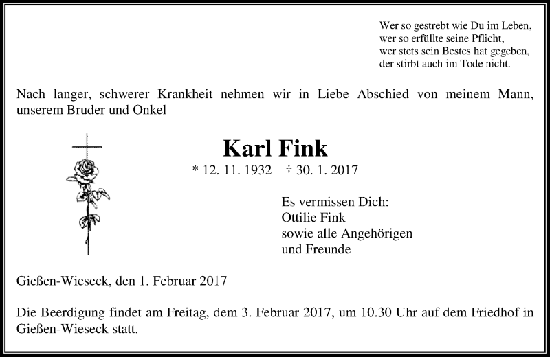  Traueranzeige für Karl Fink vom 01.02.2017 aus  Gießener Anzeiger