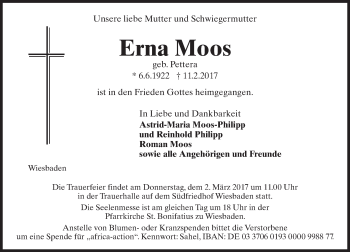 Traueranzeige von Erna Moos von Trauerportal Rhein Main Presse