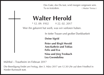 Traueranzeige von Walter Herold von Trauerportal Echo Online