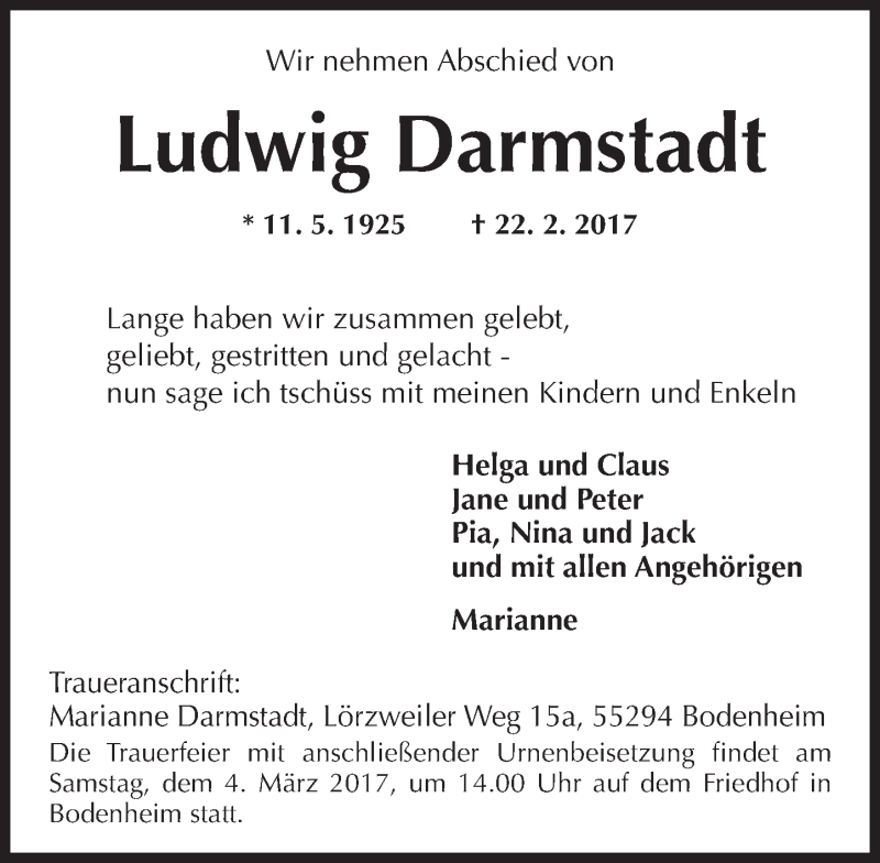  Traueranzeige für Ludwig Darmstadt vom 25.02.2017 aus Trauerportal Rhein Main Presse