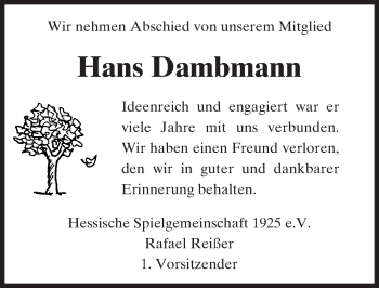 Traueranzeige von Hans Dambmann von Trauerportal Echo Online