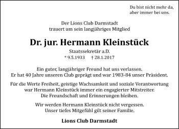 Traueranzeige von Hermann Kleinstück von Trauerportal Echo Online