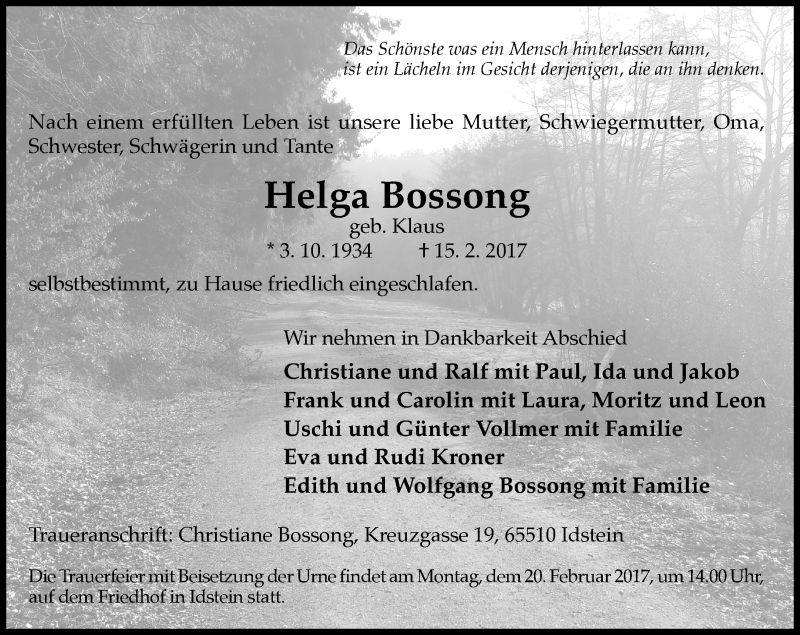  Traueranzeige für Helga Bossong vom 18.02.2017 aus Trauerportal Rhein Main Presse