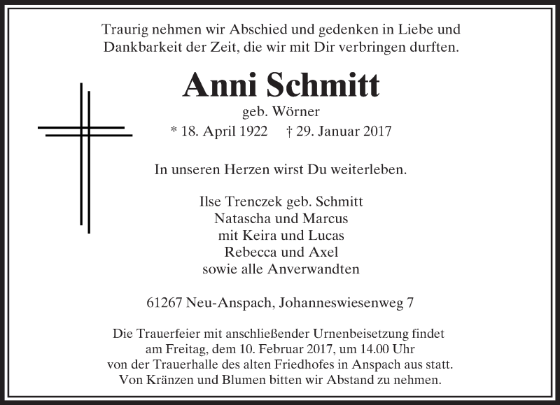  Traueranzeige für Anni Schmitt vom 04.02.2017 aus  Usinger Anzeiger