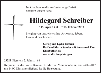 Traueranzeige von Hildegard Schreiber von Trauerportal Rhein Main Presse