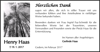 Traueranzeige von Henry Haas von  Kreisanzeiger