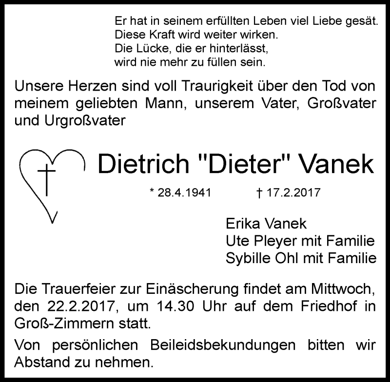  Traueranzeige für Dietrich Vanek vom 21.02.2017 aus Trauerportal Echo Online