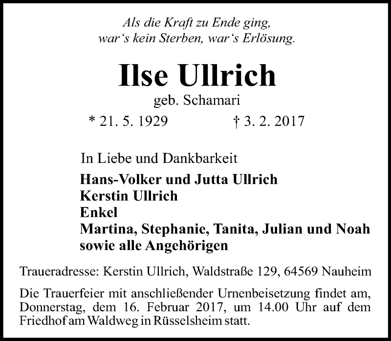  Traueranzeige für Ilse Ullrich vom 11.02.2017 aus Trauerportal Rhein Main Presse
