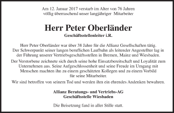 Traueranzeige von Peter Oberländer von Trauerportal Rhein Main Presse
