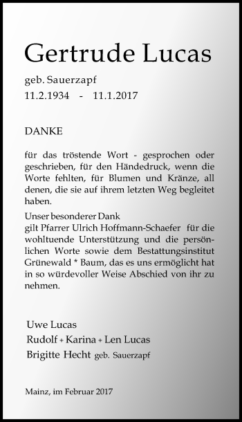 Traueranzeige von Gertrude Lucas von Trauerportal Rhein Main Presse