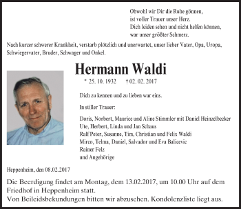 Traueranzeige von Hermann Waldi von Trauerportal Echo Online