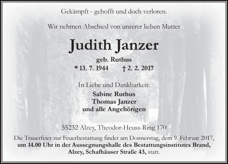  Traueranzeige für Judith Janzer vom 04.02.2017 aus Trauerportal Rhein Main Presse