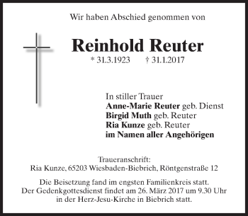 Traueranzeige von Reinhold Reuter von Trauerportal Rhein Main Presse