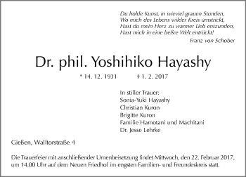 Traueranzeige von Yoshihiko Hayashy von  Gießener Anzeiger