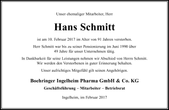 Traueranzeige von Hans Schmitt von Trauerportal Rhein Main Presse