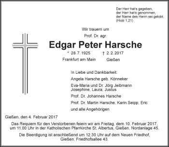 Traueranzeige von Edgar Peter Harsche von  Gießener Anzeiger