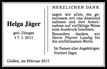 Traueranzeige von Helga Jäger von  Gießener Anzeiger