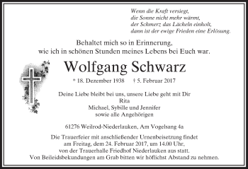 Traueranzeige von Wolfgang Schwarz von  Usinger Anzeiger