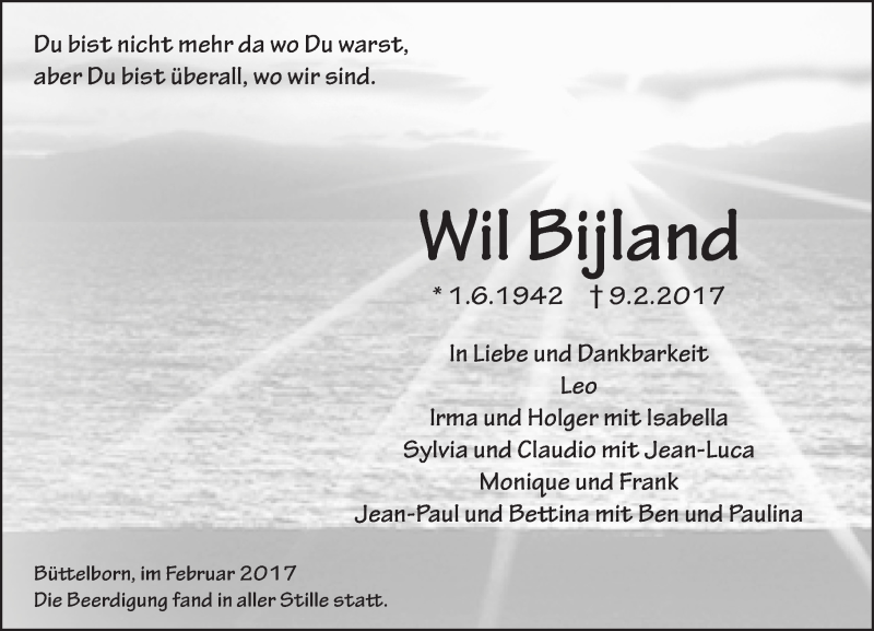  Traueranzeige für Wil Bijland vom 18.02.2017 aus Trauerportal Echo Online