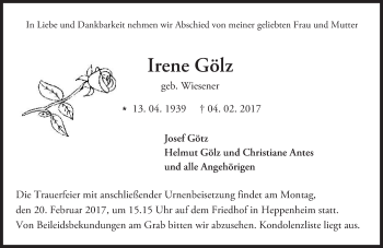 Traueranzeige von Irene Gölz von Trauerportal Echo Online